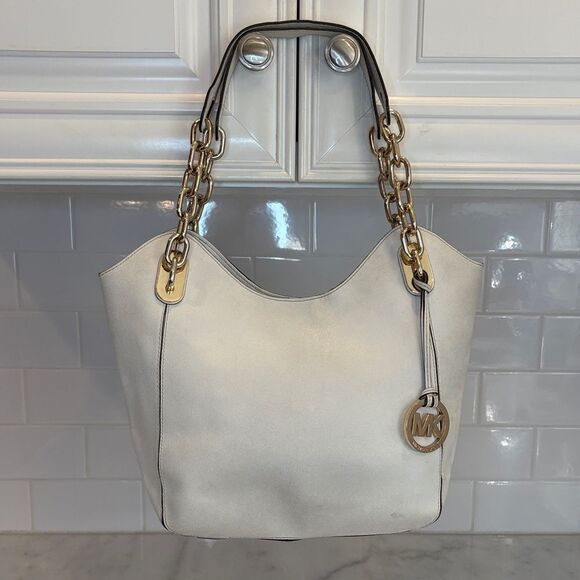 Michael Kors Bag Purse Handbag Lily Saffiano Leather Gold Chain Tote Shoulder - Picture 1 of 16